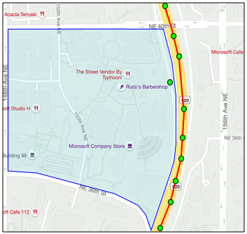一条 GPS 轨迹显示车辆沿 520 公路经过微软园区,GPS 读数沿着道路分布,除了一个点位于园区内的地理围栏中