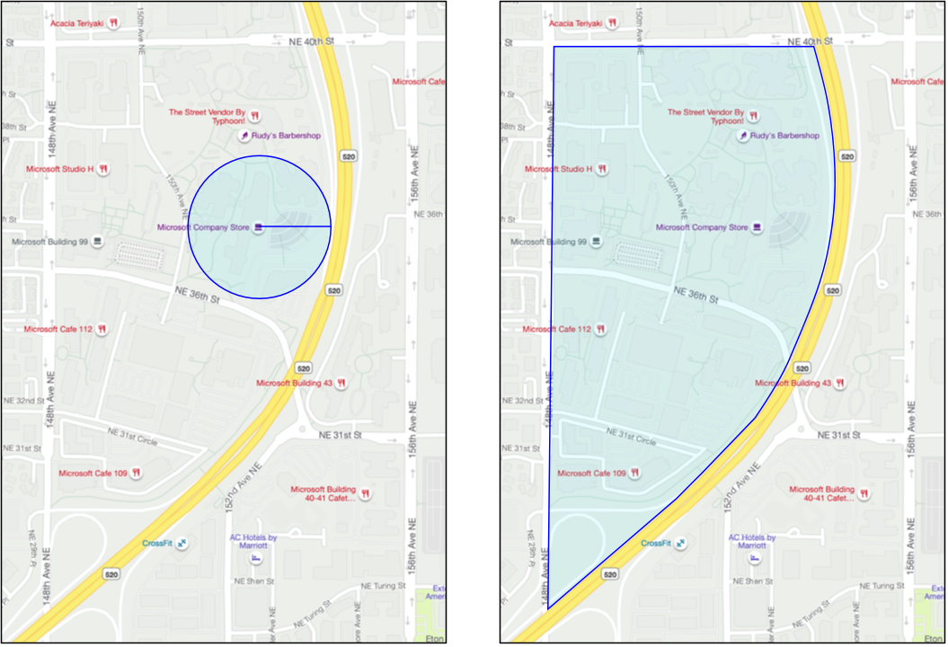 一些地理围栏示例,显示微软公司商店周围的圆形地理围栏,以及微软西区园区的多边形地理围栏